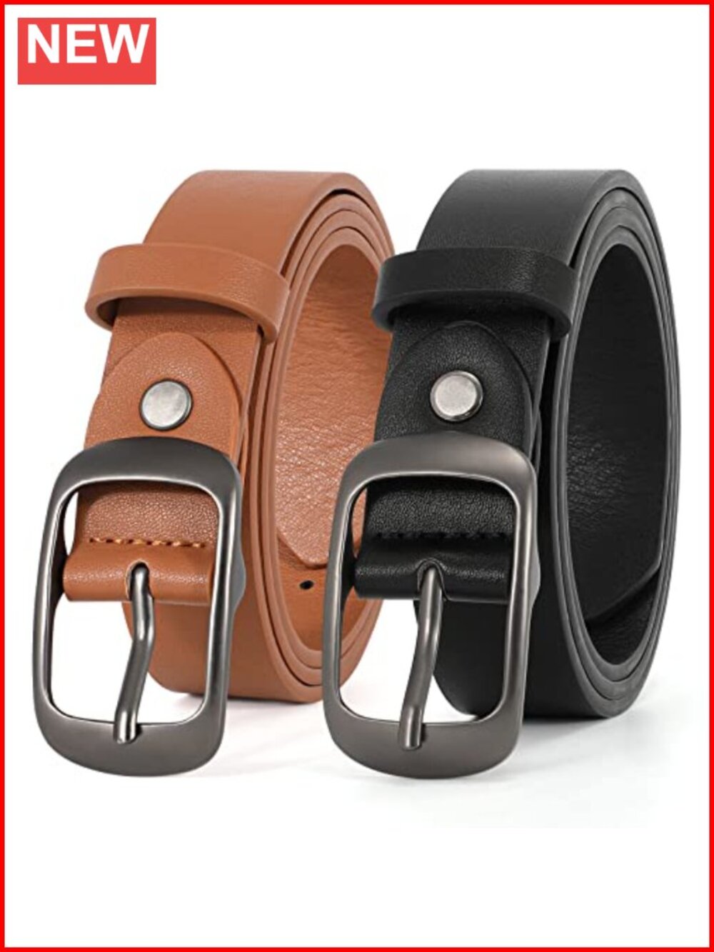 2 Pack Plus Size Genuine Leather Belts with Solid Pin Buckle